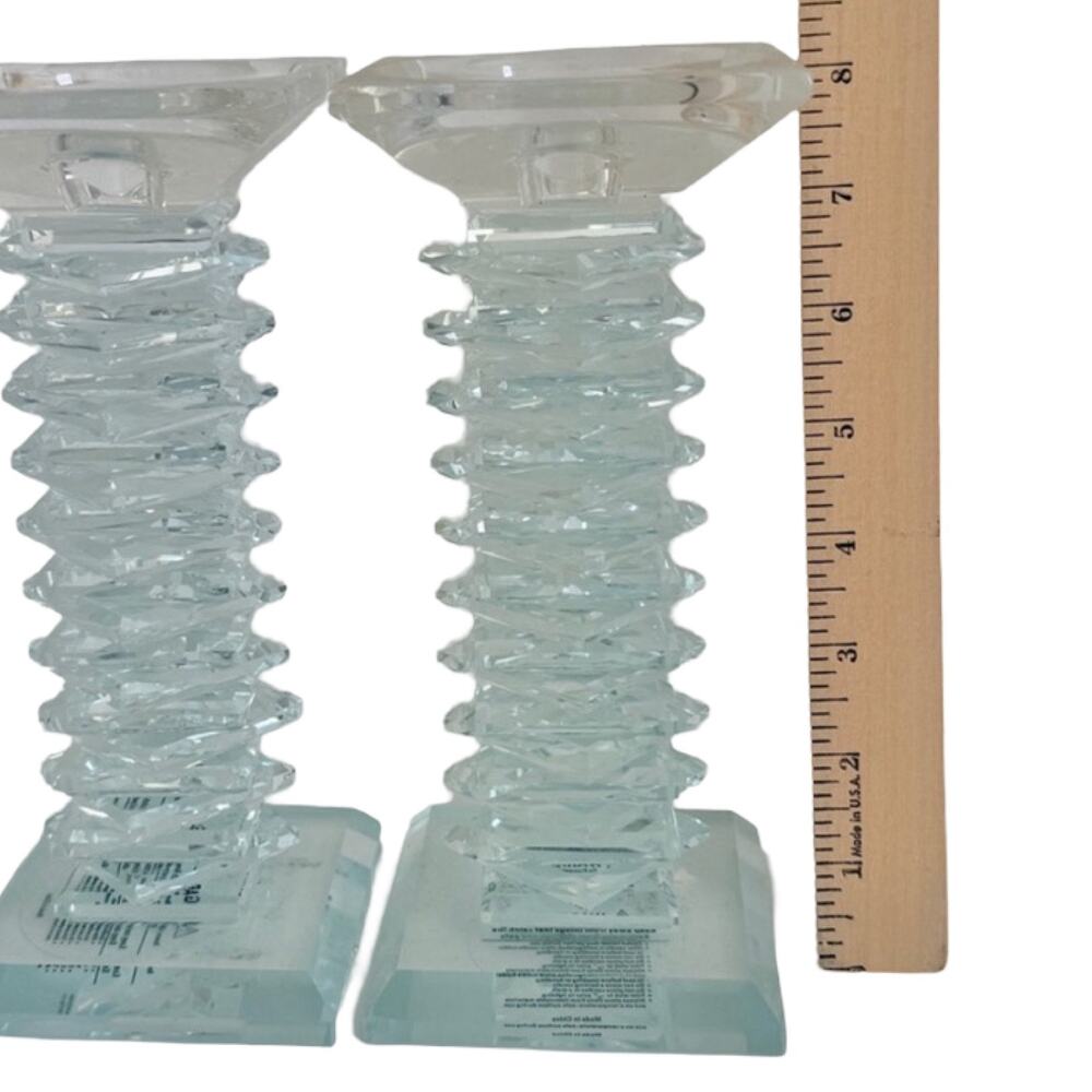 Clear Crystal Glass Stacked Faceted Tall Candle Holders Pair 8 Inch Votive Heavy - Picture 5 of 7